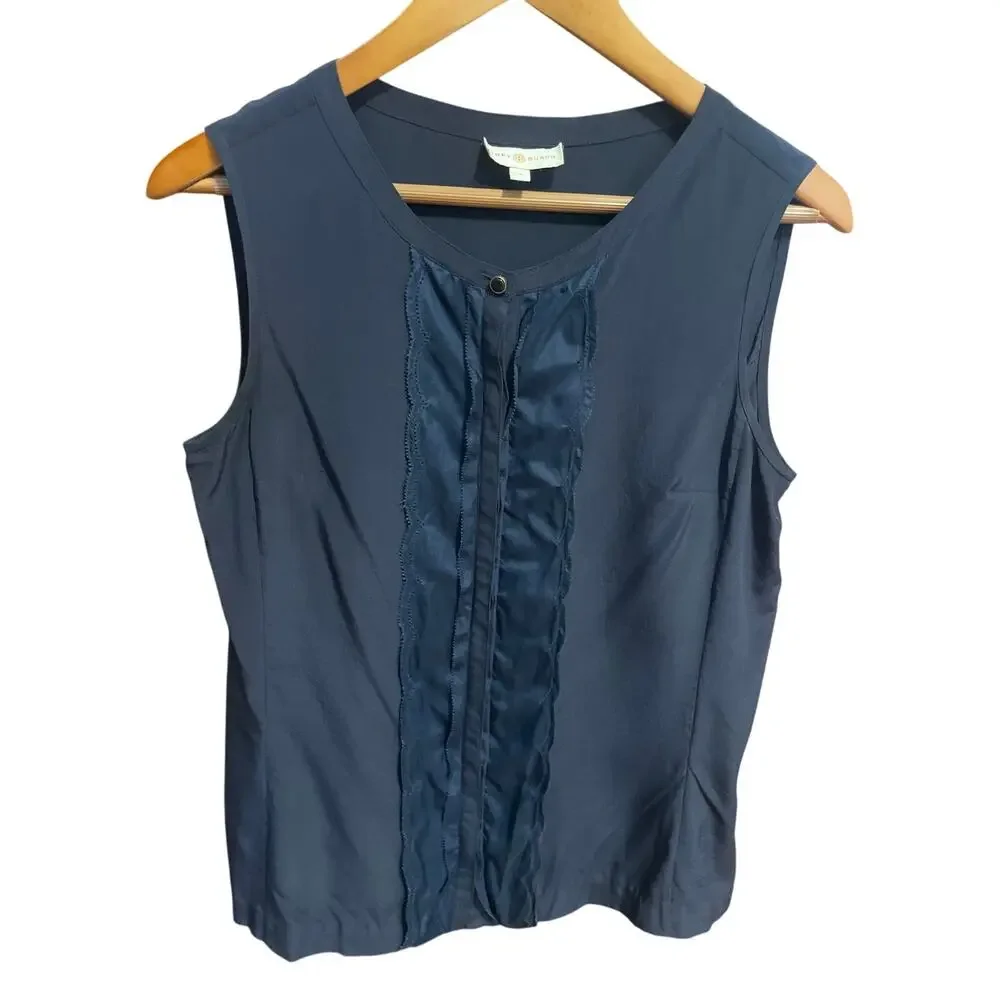 TORY BURCH Navy Blue Silk Sleeveless Blouse Size 8 Shirt Top OFFICE CAREER PREP
